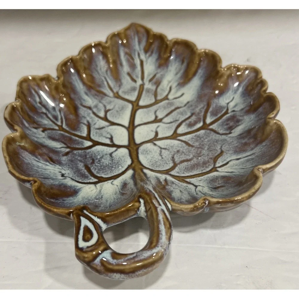 Vintage Woodland Drip Glaze Art Pottery Leaf Serving‎ Tray Trinket White Brown